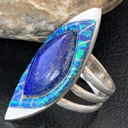 Southwestern Blue Lapis Opal Inlay Ring | Navajo Sterling Silver | Sz 10 | Authentic Native American Handmade | 12846