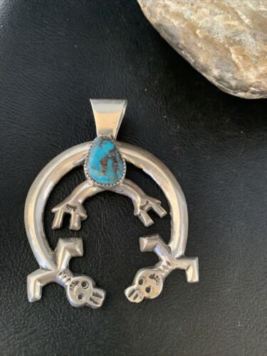 Navajo Bisbee Turquoise Naja Pendant | Sterling Silver | Men's Native American Handmade Necklace | 13796