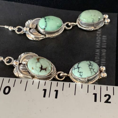 Navajo Green Spiderweb Turquoise Dangle Earrings | Sterling Silver | Authentic Native American Handmade | 13551