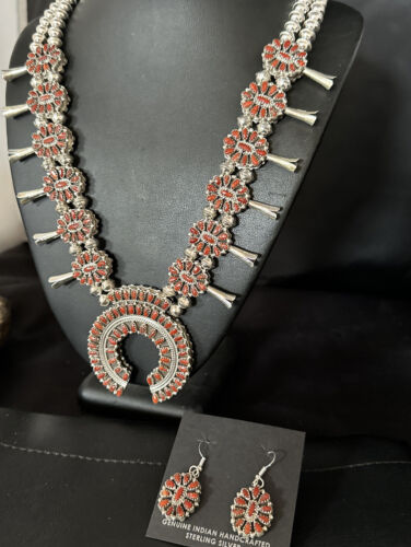 Navajo Dual Side Blue Turquoise Coral Squash Blossom Necklace | Sterling Silver | Native American Handmade | 14458