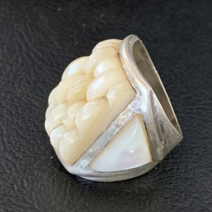 Native American White Mother of Pearl Inlay Ring | Navajo Sterling Silver | Sz 7 | 12863 - Masha USA