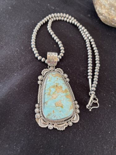 Navajo Royston Turquoise Pendant Necklace | Sterling Silver | Authentic Native American Handmade | 01365