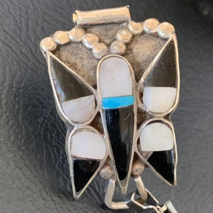 Navajo Sterling Silver Watch Tips | Old Pawn Turquoise Onyx Mother of Pearl Inlay | Authentic Native American Jewelry | 11929 - Masha USA