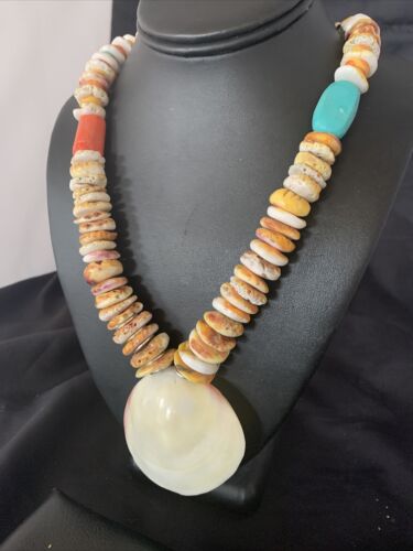 Native American Santo Domingo Necklace | Silver Shell Turquoise | 32" | 12060