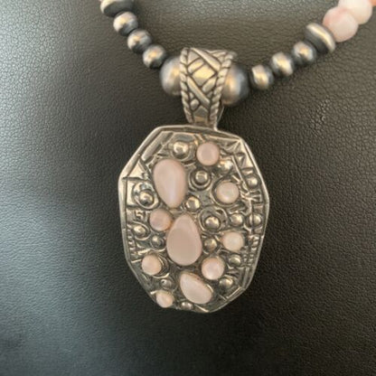 Navajo Pink Opal Beads Necklace | Multi-Stone Mother of Pearl Pendant | Sterling Silver | 13441