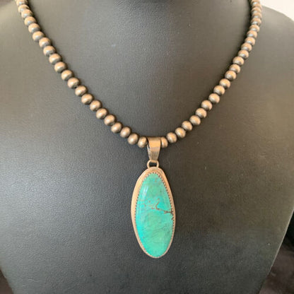 Navajo Pearl Necklace with Blue Spiderweb Turquoise Pendant | Sterling Silver | 13257