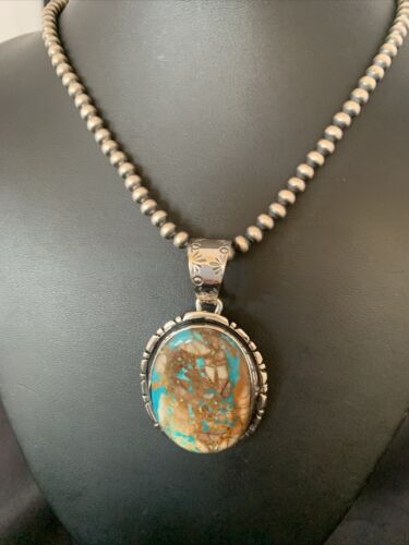 Navajo Pearls Necklace with Blue Royston Turquoise Pendant | Sterling Silver | Authentic Native American Handmade | 10629
