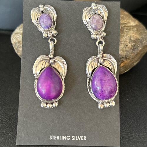 Navajo Purple Sugilite Dangle Earrings | Sterling Silver | 2" | Authentic Native American Handmade | 14404