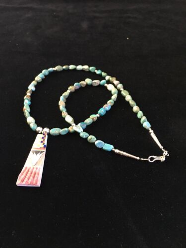 Authentic Native American Navajo Sterling Silver Necklace with Green Turquoise Inlay Pendant | 25" | 1751