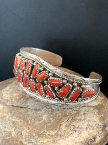 Native American Red Coral Cuff Bracelet | Navajo Sterling Silver | Authentic Handmade | 4670 - Masha USA