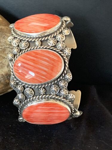 Navajo Red Spiny Oyster Cuff Bracelet | Sterling Silver | Authentic Native American Handmade | 01107