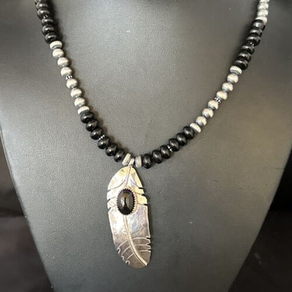 Native American Men's Navajo Pearls Necklace | Sterling Silver Black Onyx Pendant | 14627