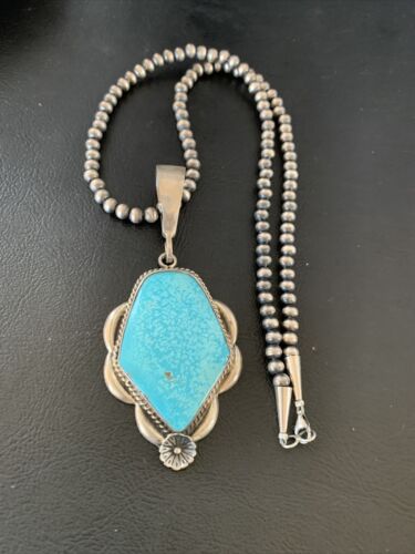 Men's Navajo Pearls Necklace with Blue Kingman Turquoise Pendant | Sterling Silver | Native American | 13255