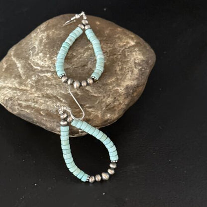 Navajo Blue Turquoise Heishi Dangle Earrings | Sterling Silver | 2" | Authentic Native American Handmade | 14363
