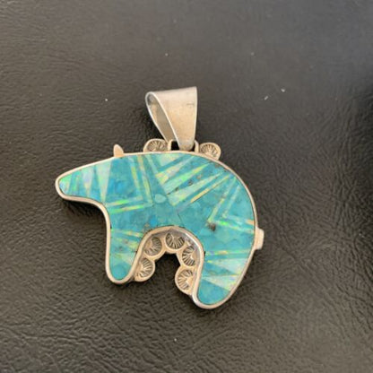 Navajo Blue Turquoise Opal Inlay Pendant | Sterling Silver | Authentic Native American Handmade | 12603