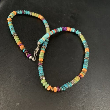 Navajo Blue Turquoise & Orange Spiny Oyster Necklace | Sterling Silver | 18" | 13434