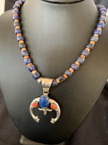 Navajo Blue Lapis Spiny Oyster Naja Pendant | Sterling Silver | Authentic Native American Handmade | 11494