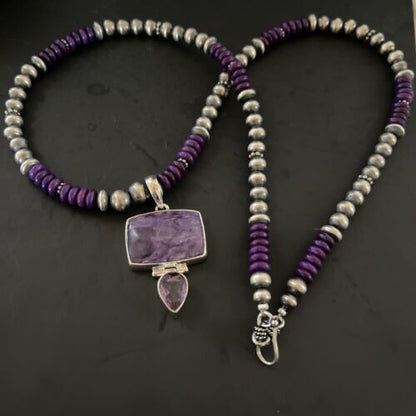 Navajo Pearls Necklace with Purple Sugilite Pendant | Sterling Silver | Multi-Stone | 11333