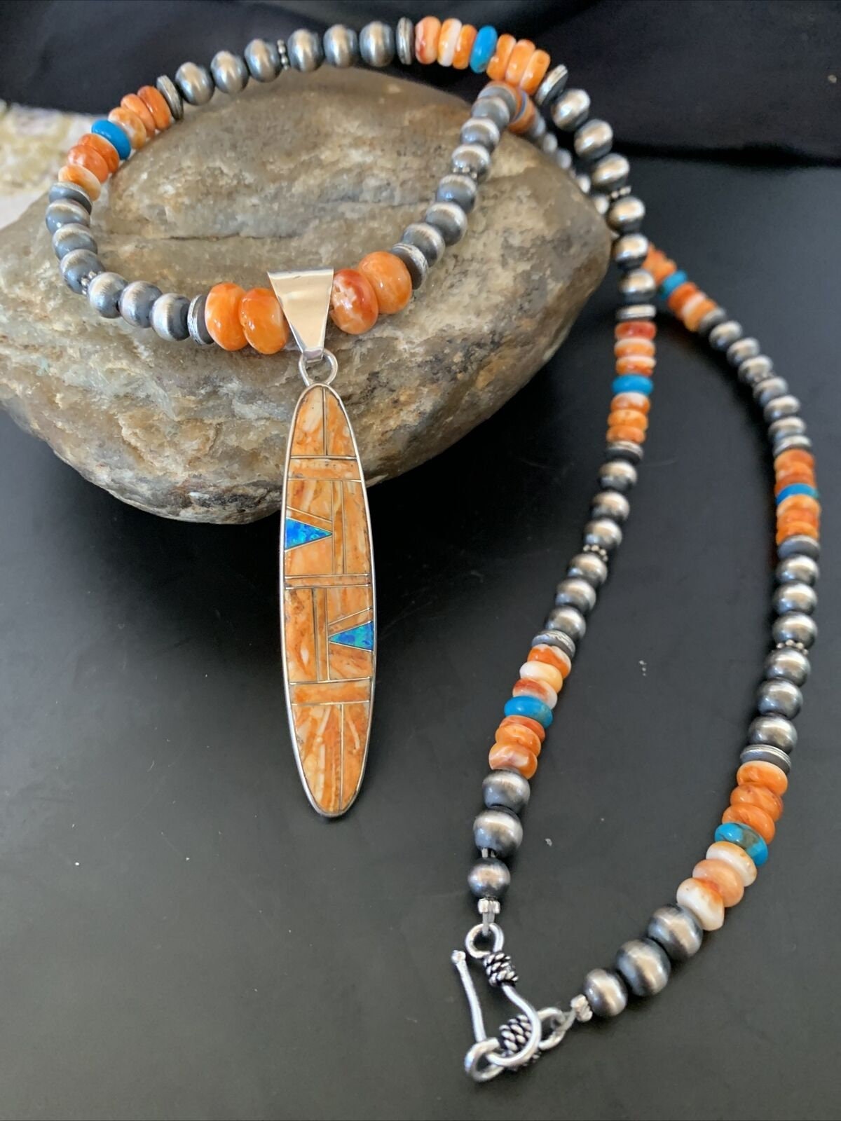 Navajo Pearls Sterling Silver Necklace with Orange Spiny Oyster & Opal Pendant | Authentic Native American | 11384
