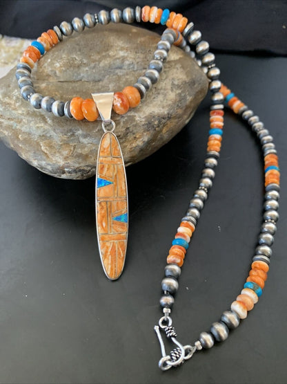 Navajo Pearls Sterling Silver Necklace with Orange Spiny Oyster & Opal Pendant | Authentic Native American | 11384
