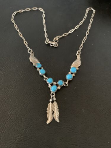 Old Pawn Navajo Blue Kingman Turquoise Necklace | Sterling Silver | 16" Chain | Authentic Native American Handmade | 1184