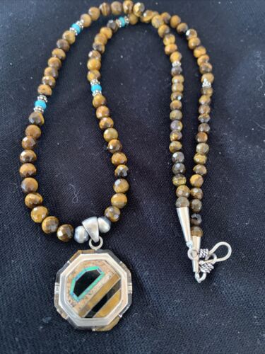 Navajo Tiger's Eye & Spiny Oyster Necklace | Sterling Silver Pearls | 20" | Inlay | Authentic Native American Handmade | 01459