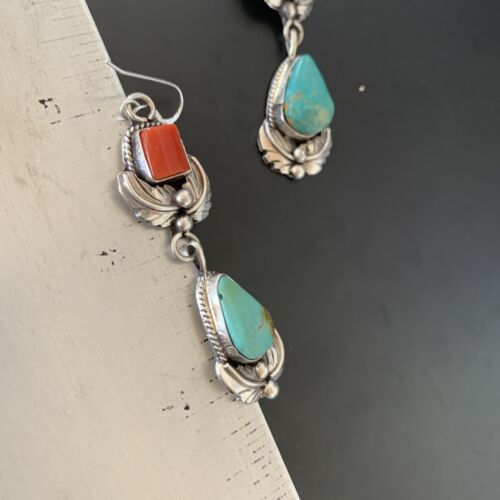 Navajo Green Royston Turquoise Red Coral Dangle Earrings | Sterling Silver | Authentic Native American Handmade | 2054