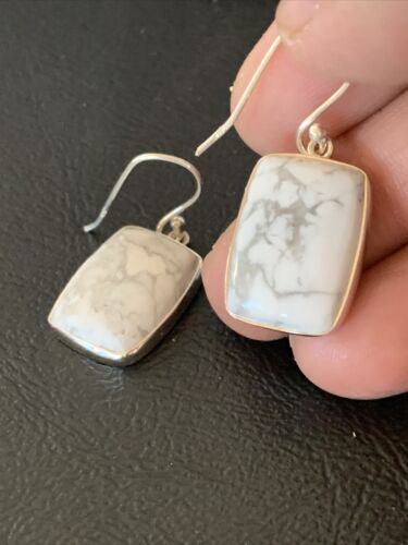 Navajo Sterling Silver White Howlite Black Dangle Rectangle Earrings | 0.75" | 12072