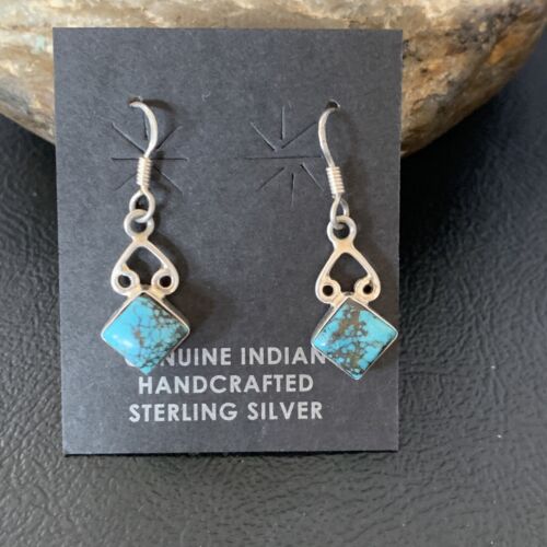 Navajo Blue Turquoise Dangle Earrings | Sterling Silver | 0.5" | Authentic Native American Handmade | 12748