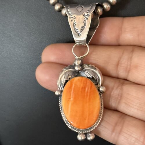 Navajo Orange Spiny Oyster Pendant Necklace | Sterling Silver | Authentic Native American Handmade | 14685