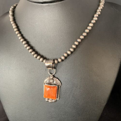 Navajo Orange Spiny Oyster Square Pendant Necklace | Sterling Silver | Authentic Native American Handmade | 13639