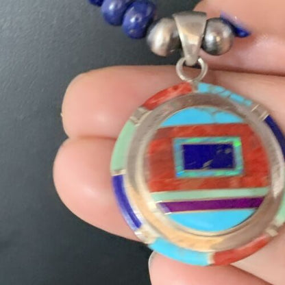 Authentic Native American Navajo Necklace | Sterling Silver with Turquoise, Lapis & Opal Pendant | 13981