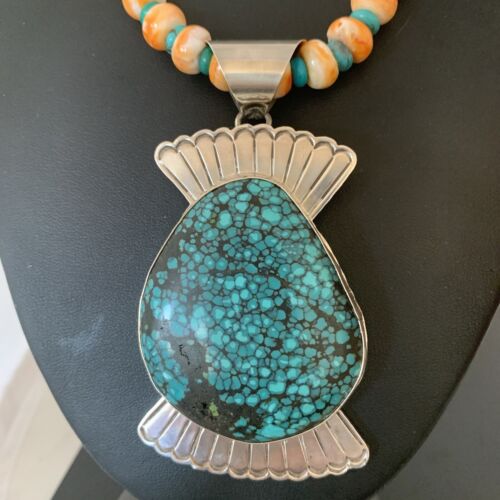 Navajo Spiny Oyster & Spiderweb Turquoise Necklace | Sterling Silver | Authentic Native American Handmade | 1757