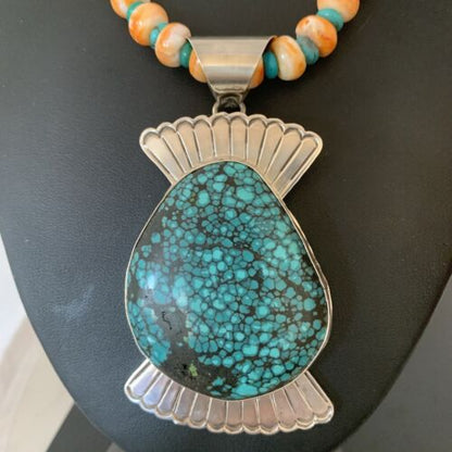 Navajo Spiny Oyster & Spiderweb Turquoise Necklace | Sterling Silver | Authentic Native American Handmade | 1757