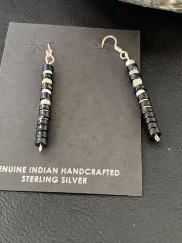 Navajo Black Onyx White Mother of Pearl Earrings | Sterling Silver | 1.5" | Authentic Native American Handmade | 13056