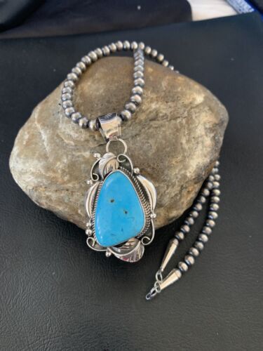 Men's Navajo Pearls Necklace with Blue Kingman Turquoise Pendant | Sterling Silver | Native American Handmade | 12590