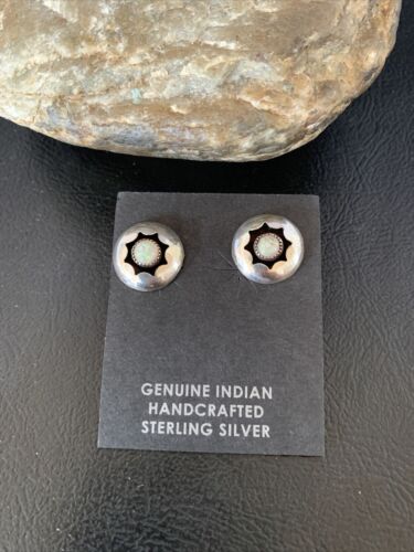Navajo White Opal Post Shadow Box Earrings | Sterling Silver | 0.25" | Authentic Native American Handmade | 13036
