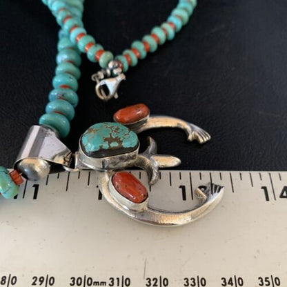 Navajo Sterling Silver Necklace | Blue Turquoise & Coral Naja Pendant | Authentic Native American Handmade | 13747