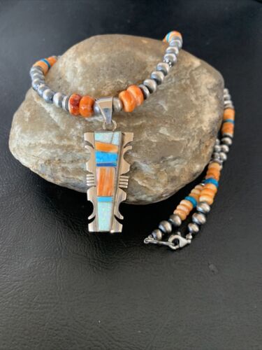 Navajo Turquoise Spiny Oyster Inlay Pendant | Sterling Silver | Authentic Native American Handmade | 11800