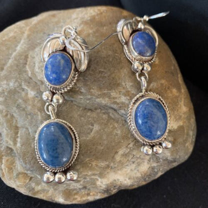 Native American Navajo Denim Lapis Dangle Earrings | Sterling Silver | 2" | 1682 - Masha USA
