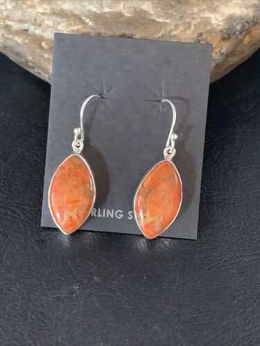 Native American Orange Apple Coral Dangle Drop Earrings | Sterling Silver | 1" | 14096