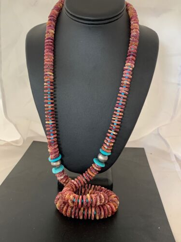 Authentic Native American Navajo Necklace | Purple Spiny Oyster & Turquoise | Sterling Silver Navajo Pearls | 36"