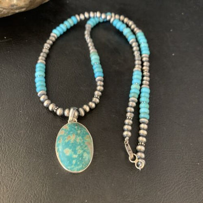 Navajo Blue Turquoise Pendant Necklace | Sterling Silver | Authentic Native American Handmade | 13868
