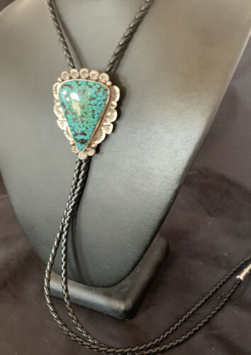Native American Men's Bolo Tie | Blue Spiderweb Turquoise | Sterling Silver | Navajo Handmade | 12364