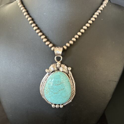 Navajo Blue Turquoise #8 Pendant Necklace | Sterling Silver | Authentic Native American Handmade | 14311
