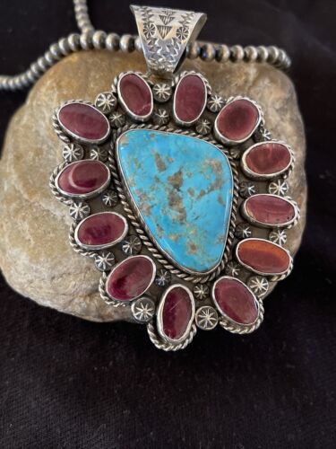 Navajo Purple Spiny Oyster & Turquoise Pendant Necklace | Sterling Silver | Authentic Native American Handmade | 01117