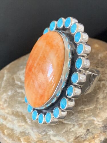 Navajo Blue Turquoise & Spiny Oyster Cluster Ring | Authentic Native American Sterling Silver | Multi-Stone | Sz 9-12 | 10628