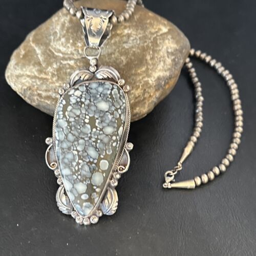 White Buffalo Turquoise Necklace Pendant with Pearls | Sterling Silver | Authentic Native American Handmade | 14805