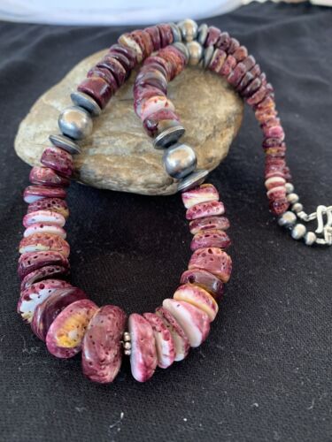 Purple Spiny Oyster Pendant with Sterling Silver Navajo Pearls Necklace | Graduated | Authentic Native American | 17" | 13812