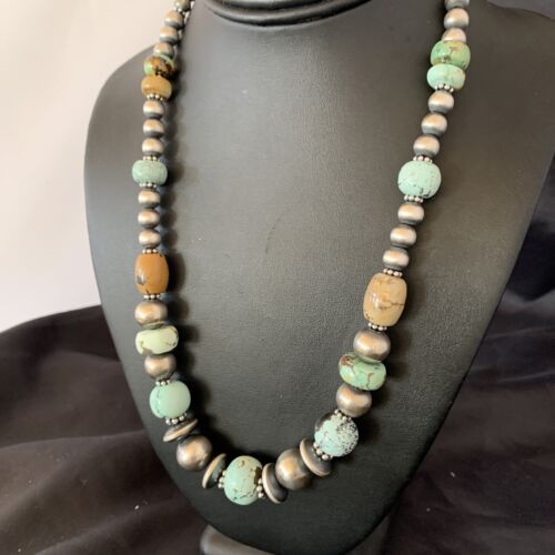 Navajo Pearl Dry Creek Turquoise Beads Necklace | Sterling Silver | 21" | Authentic Native American Handmade | 10980